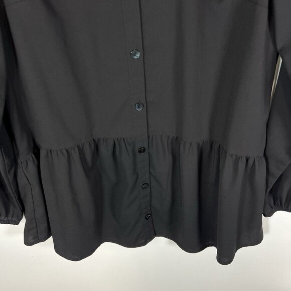 LOGO by Lori Goldstein Solid Black Button Up Blouse Size Small Ruffle Bottom - Picture 3 of 8